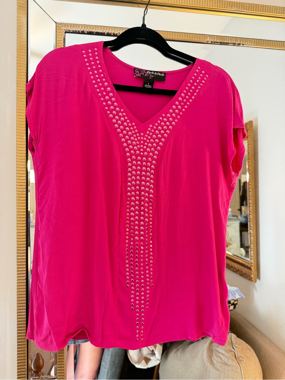 Hot Pink Stud-Trim V-Neck Tunic